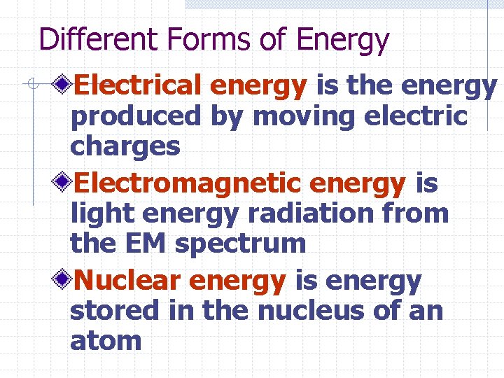 Different Forms of Energy Electrical energy is the energy produced by moving electric charges