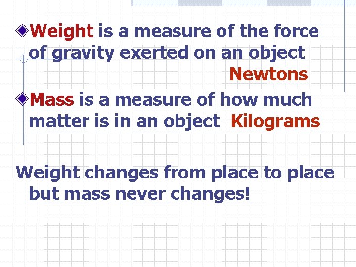 Weight is a measure of the force of gravity exerted on an object Newtons