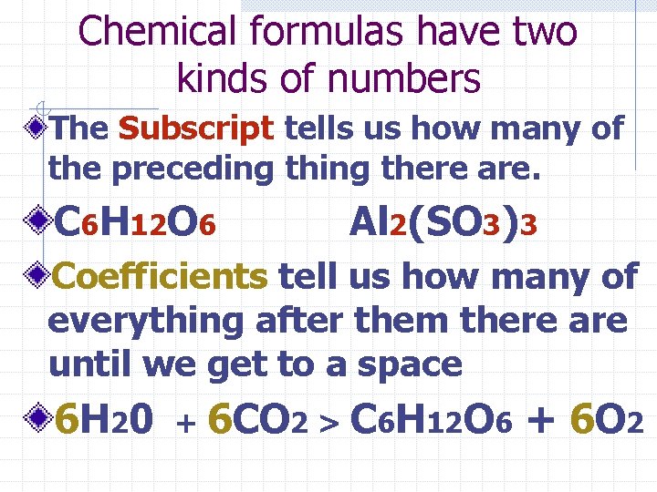 Chemical formulas have two kinds of numbers The Subscript tells us how many of