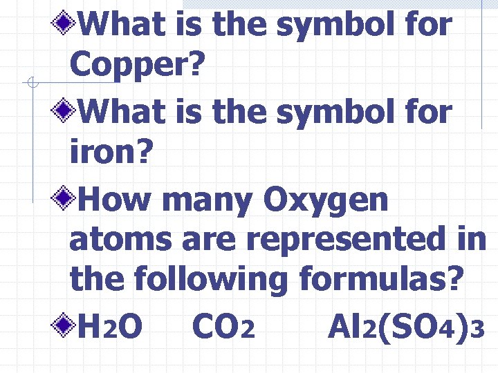What is the symbol for Copper? What is the symbol for iron? How many