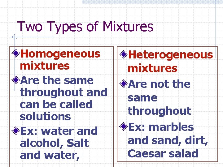 Two Types of Mixtures Homogeneous mixtures Are the same throughout and can be called