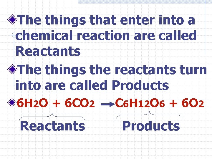 The things that enter into a chemical reaction are called Reactants The things the