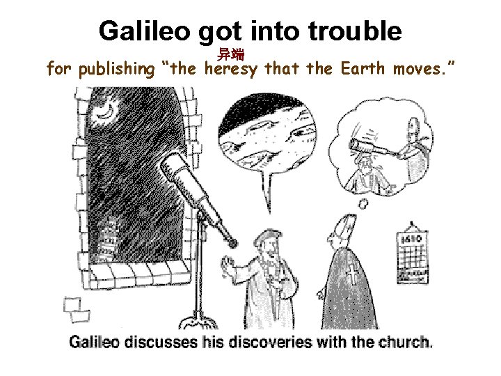 Galileo got into trouble 异端 for publishing “the heresy that the Earth moves. ”