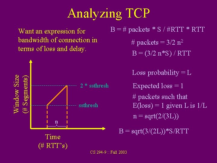 Analyzing TCP Want an expression for bandwidth of connection in terms of loss and