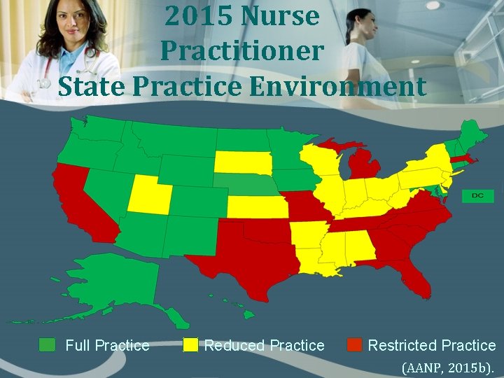 2015 Nurse Practitioner State Practice Environment Full Practice Reduced Practice Restricted Practice (AANP, 2015