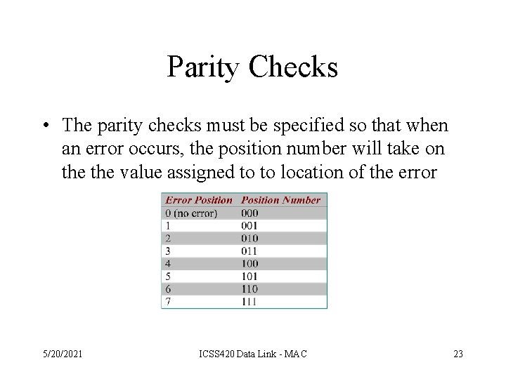 Parity Checks • The parity checks must be specified so that when an error