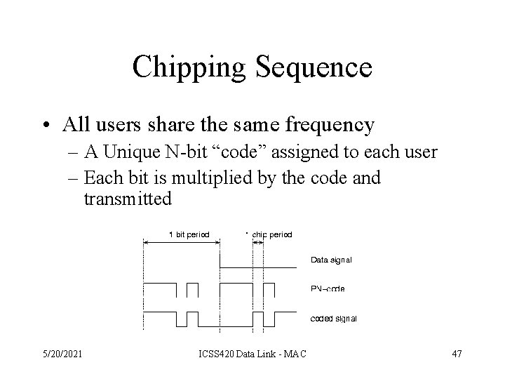 Chipping Sequence • All users share the same frequency – A Unique N-bit “code”