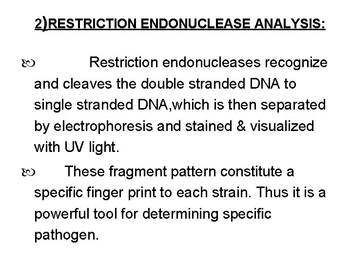 2)RESTRICTION ENDONUCLEASE ANALYSIS: Restriction endonucleases recognize and cleaves the double stranded DNA to single 2)RESTRICTION ENDONUCLEASE ANALYSIS: Restriction endonucleases recognize and cleaves the double stranded DNA to single