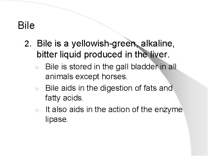 Bile 2. Bile is a yellowish-green, alkaline, bitter liquid produced in the liver. v