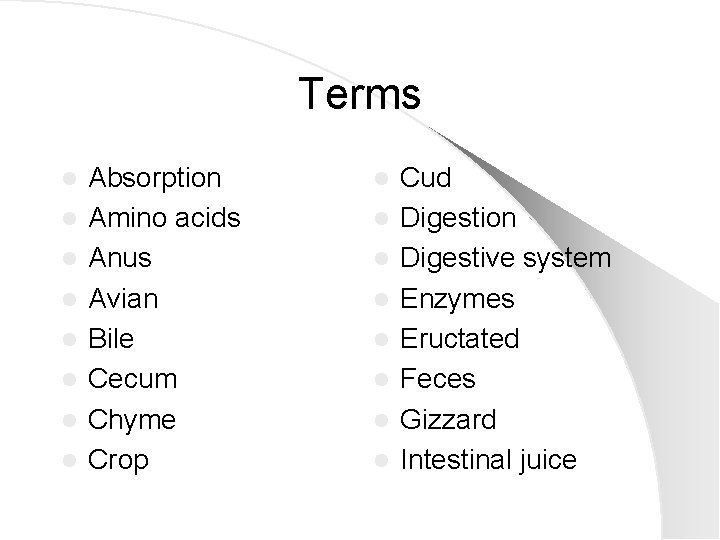 Terms l l l l Absorption Amino acids Anus Avian Bile Cecum Chyme Crop