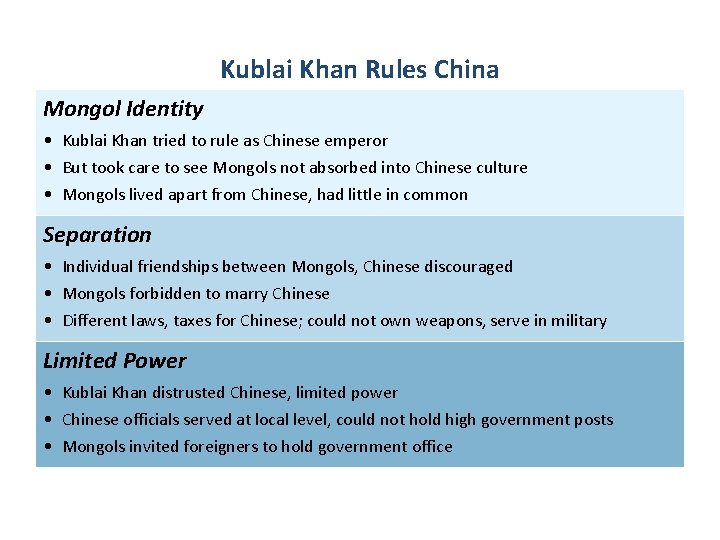 Kublai Khan Rules China Mongol Identity • Kublai Khan tried to rule as Chinese