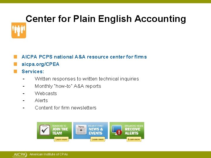 Center for Plain English Accounting AICPA PCPS national A&A resource center for firms aicpa.