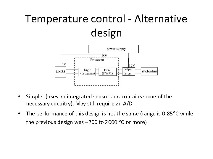 Temperature control - Alternative design • Simpler (uses an integrated sensor that contains some