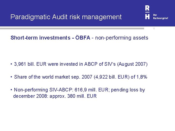 Paradigmatic Audit risk management 5 Short-term investments - ÖBFA - non-performing assets • 3,