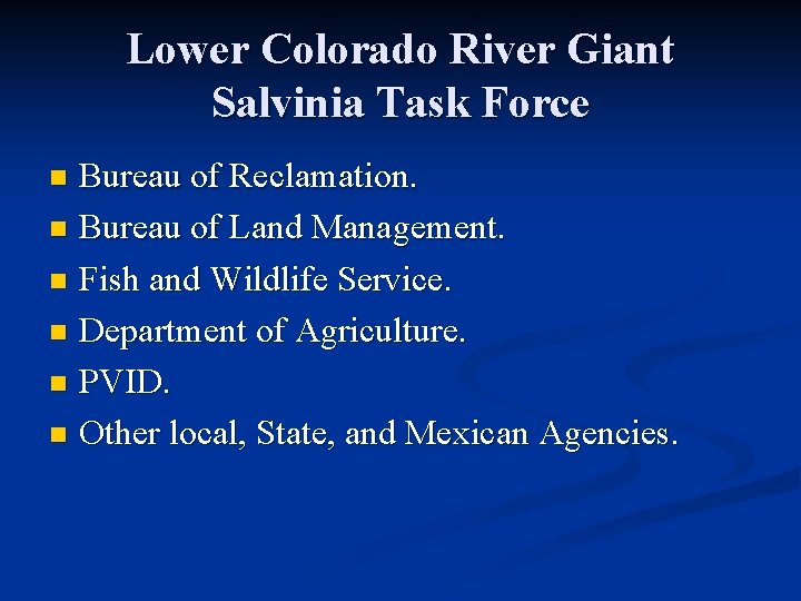 Lower Colorado River Giant Salvinia Task Force Bureau of Reclamation. n Bureau of Land