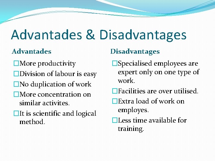 Advantades & Disadvantages Advantades Disadvantages �More productivity �Division of labour is easy �No duplication Advantades & Disadvantages Advantades Disadvantages �More productivity �Division of labour is easy �No duplication