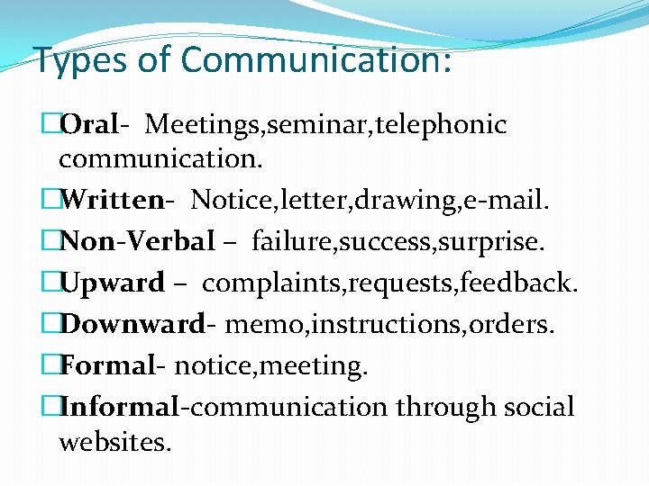Types of Communication: �Oral- Meetings, seminar, telephonic communication. �Written- Notice, letter, drawing, e-mail. �Non-Verbal Types of Communication: �Oral- Meetings, seminar, telephonic communication. �Written- Notice, letter, drawing, e-mail. �Non-Verbal