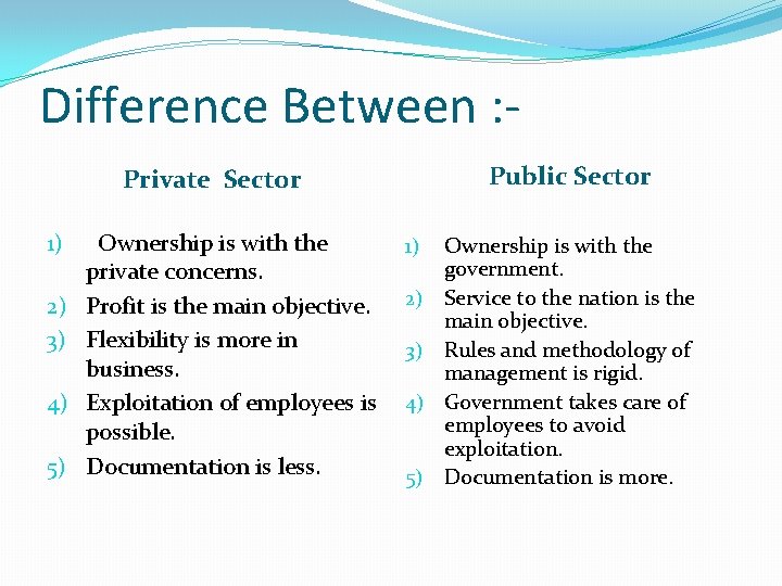 Difference Between : Public Sector Private Sector 1) 2) 3) 4) 5) Ownership is Difference Between : Public Sector Private Sector 1) 2) 3) 4) 5) Ownership is