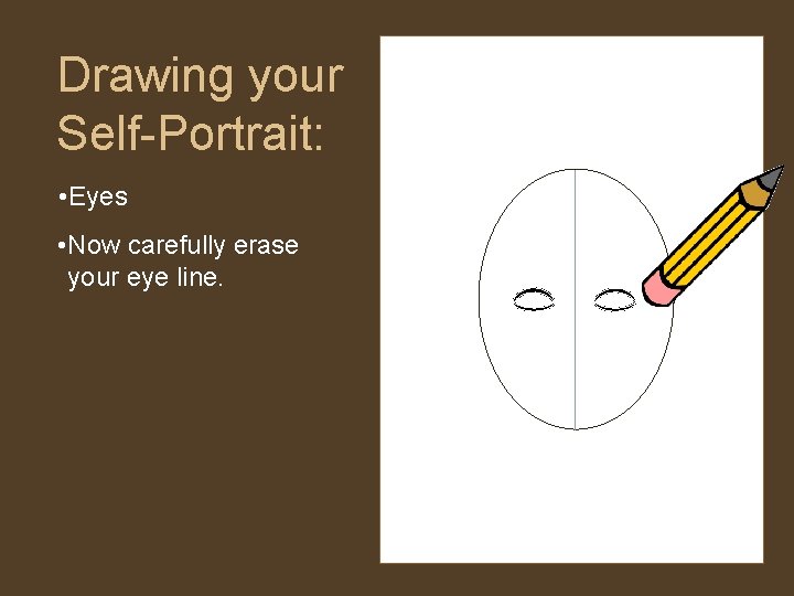 Drawing your Self-Portrait: • Eyes • Now carefully erase your eye line. Drawing your Self-Portrait: • Eyes • Now carefully erase your eye line.