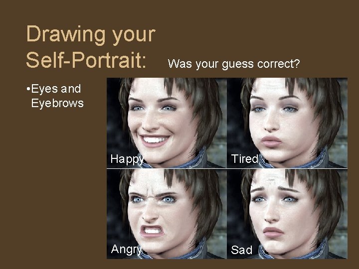 Drawing your Self-Portrait: Was your guess correct? • Eyes and Eyebrows Happy Tired Angry Drawing your Self-Portrait: Was your guess correct? • Eyes and Eyebrows Happy Tired Angry
