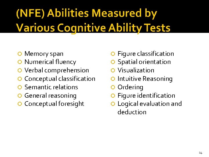  Memory span Numerical fluency Verbal comprehension Conceptual classification Semantic relations General reasoning Conceptual