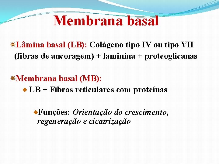 Membrana basal Lâmina basal (LB): Colágeno tipo IV ou tipo VII (fibras de ancoragem)