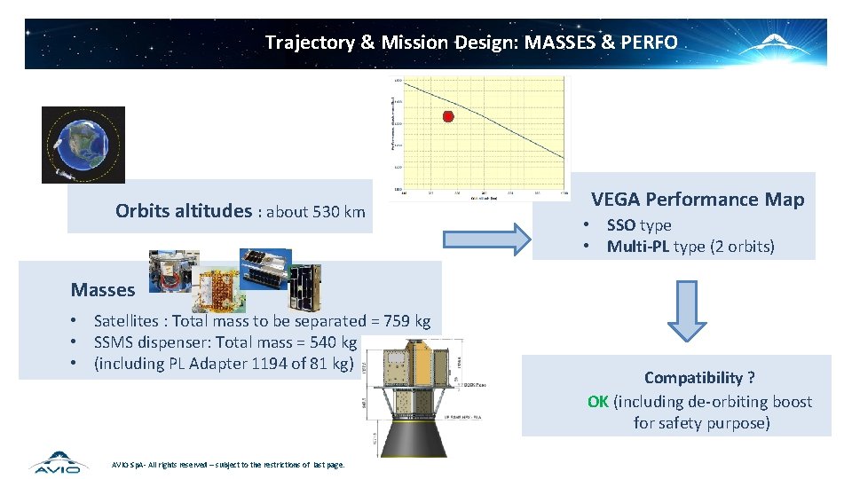 Trajectory & Mission Design: MASSES & PERFO Orbits altitudes : about 530 km VEGA