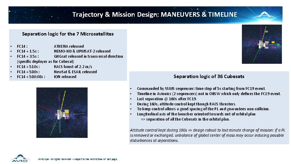 Trajectory & Mission Design: MANEUVERS & TIMELINE Separation logic for the 7 Microsatellites •