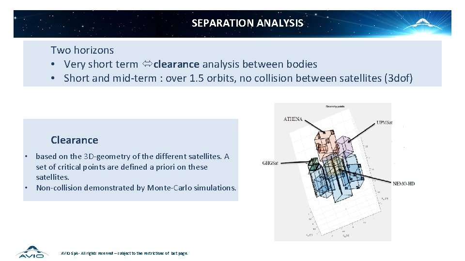 SEPARATION ANALYSIS Two horizons • Very short term clearance analysis between bodies • Short