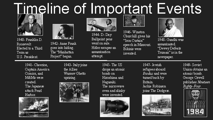 Timeline of Important Events 1940 - Franklin D. Roosevelt Elected to a Third Term