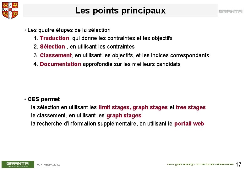 Les points principaux • Les quatre étapes de la sélection 1. Traduction, qui donne