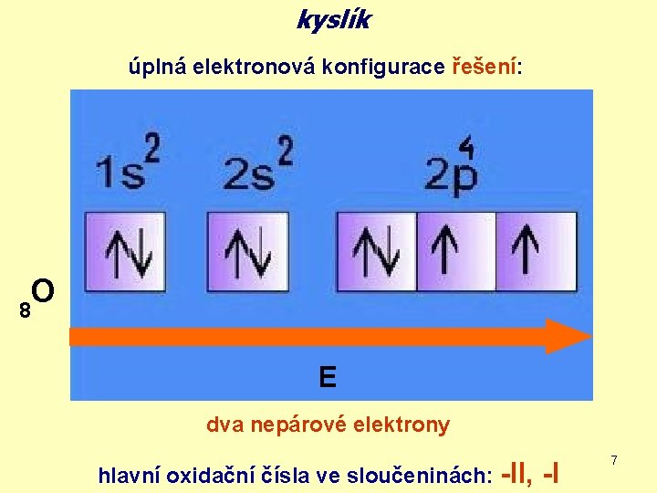 kyslík úplná elektronová konfigurace řešení: O 8 E dva nepárové elektrony hlavní oxidační čísla