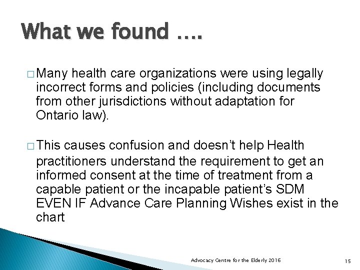 What we found …. � Many health care organizations were using legally incorrect forms