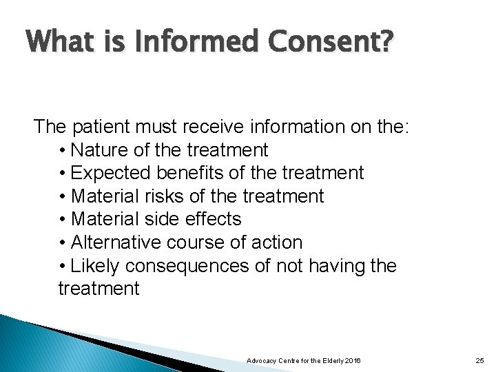 What is Informed Consent? The patient must receive information on the: • Nature of
