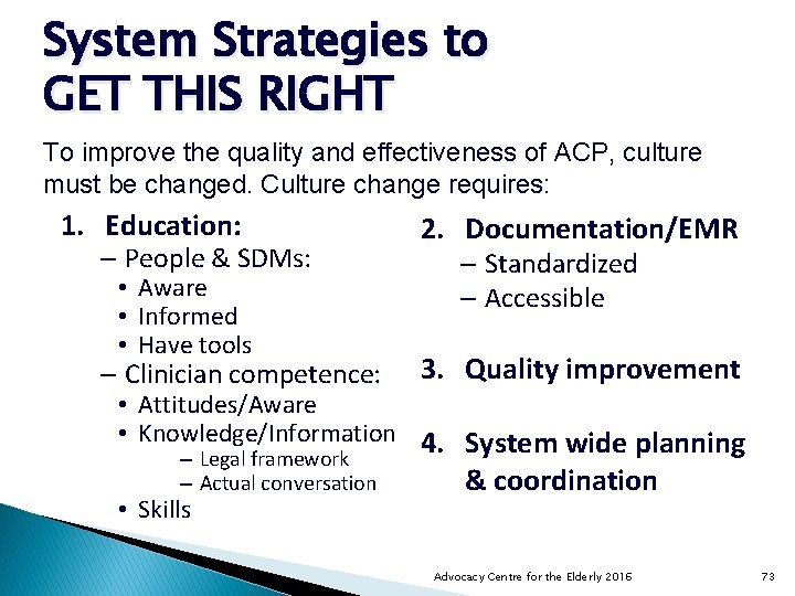 System Strategies to GET THIS RIGHT To improve the quality and effectiveness of ACP,
