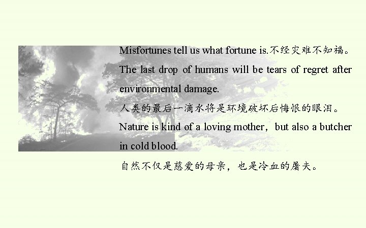 Misfortunes tell us what fortune is. 不经灾难不知福。 The last drop of humans will be