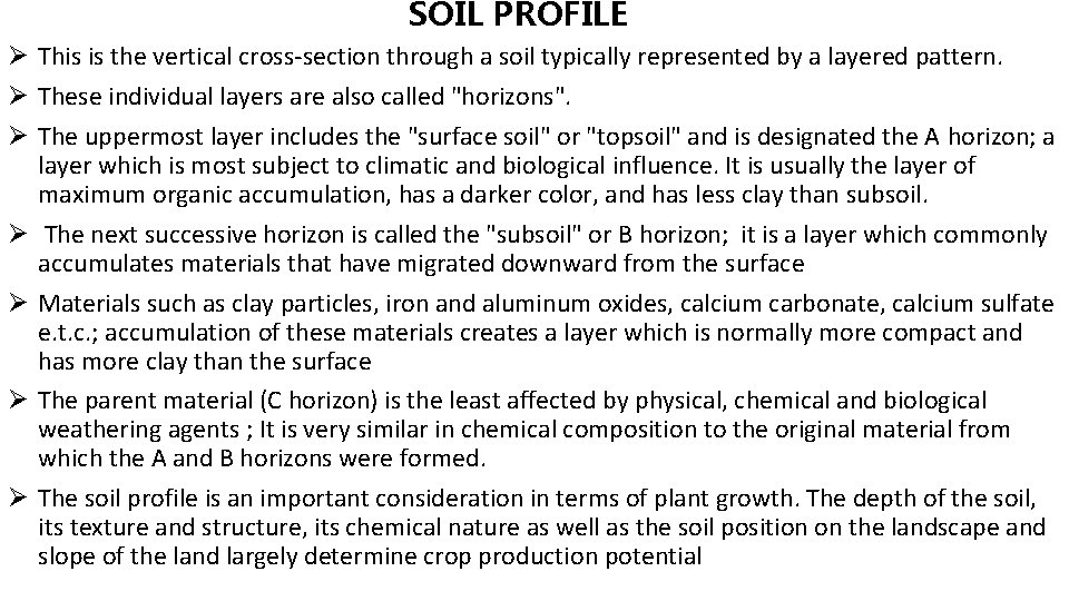 SOIL PROFILE Ø This is the vertical cross-section through a soil typically represented by