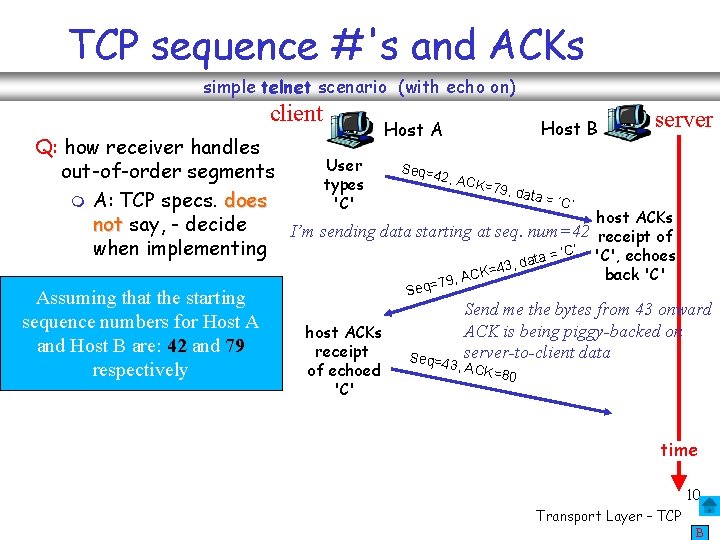 TCP sequence #'s and ACKs simple telnet scenario (with echo on) client Host B