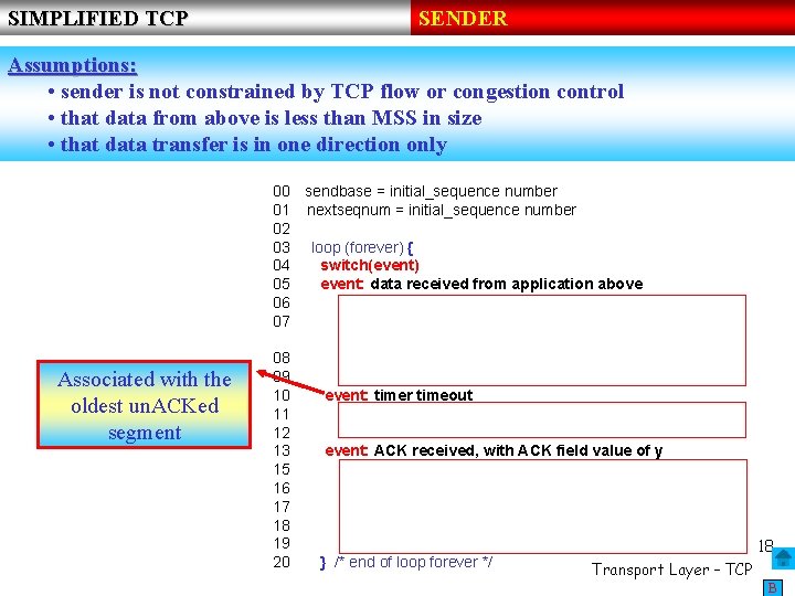 SIMPLIFIED TCP SENDER Assumptions: • sender is not constrained by TCP flow or congestion