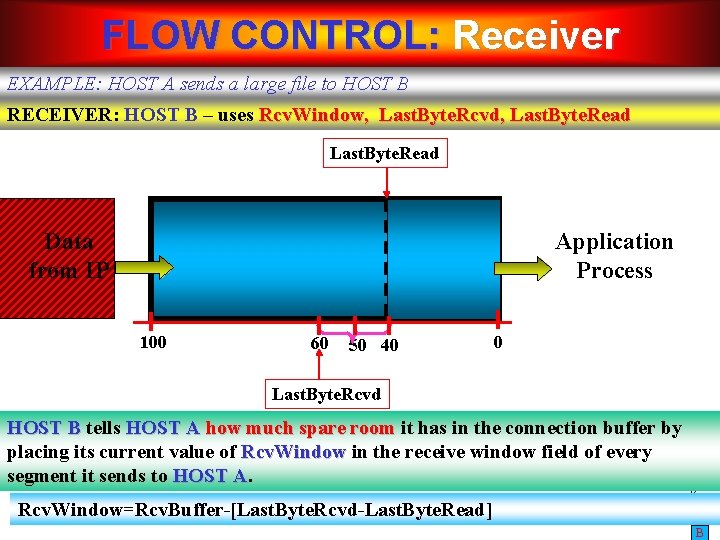 FLOW CONTROL: Receiver EXAMPLE: HOST A sends a large file to HOST B RECEIVER: