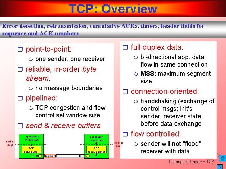 TCP: Overview Error detection, retransmission, cumulative ACKs, timers, header fields for sequence and ACK