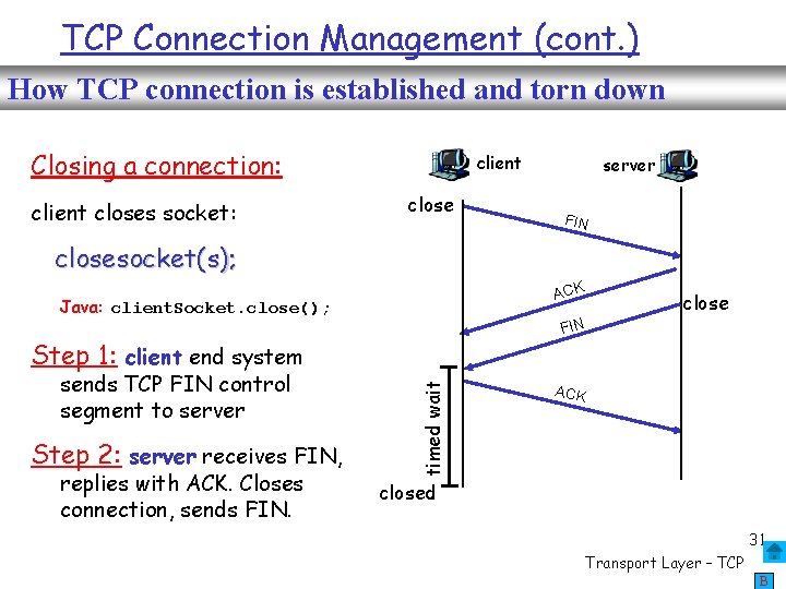 TCP Connection Management (cont. ) How TCP connection is established and torn down Closing