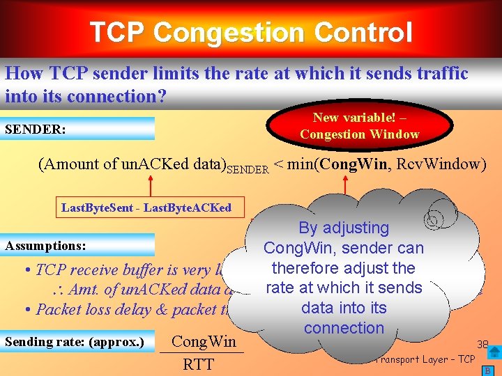 TCP Congestion Control How TCP sender limits the rate at which it sends traffic