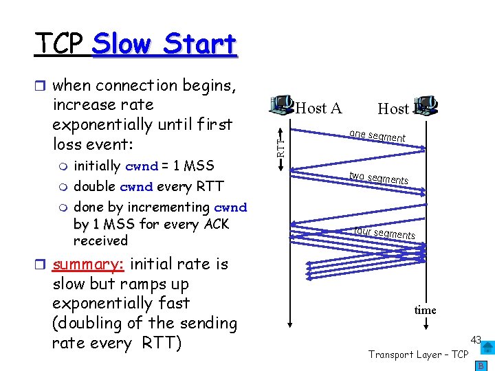 TCP Slow Start when connection begins, initially cwnd = 1 MSS double cwnd every