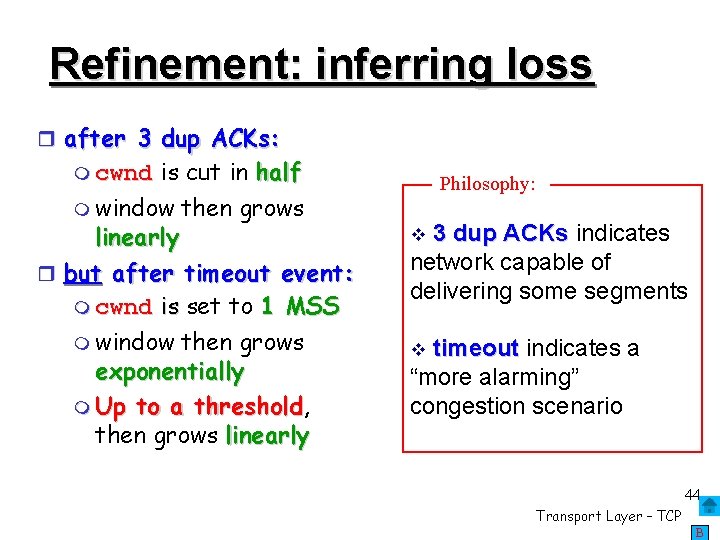 Refinement: inferring loss after 3 dup ACKs: is cut in half window then grows