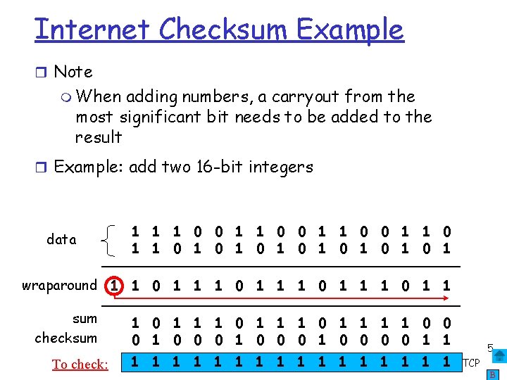 Internet Checksum Example Note When adding numbers, a carryout from the most significant bit