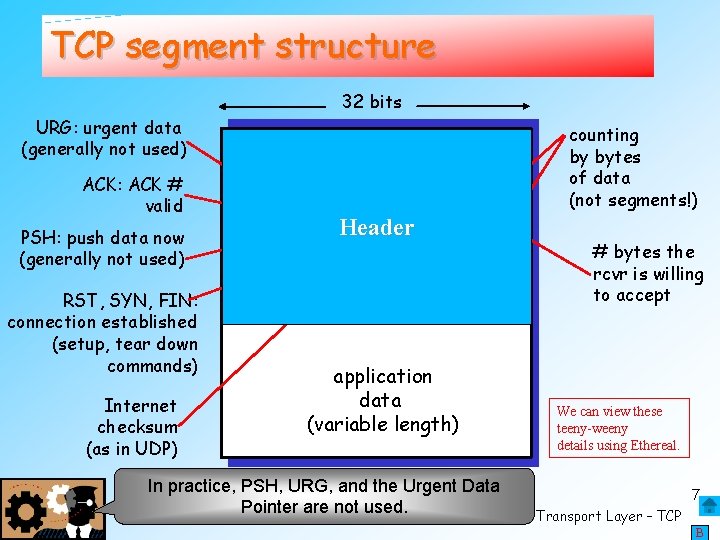 TCP segment structure 32 bits URG: urgent data (generally not used) ACK: ACK #