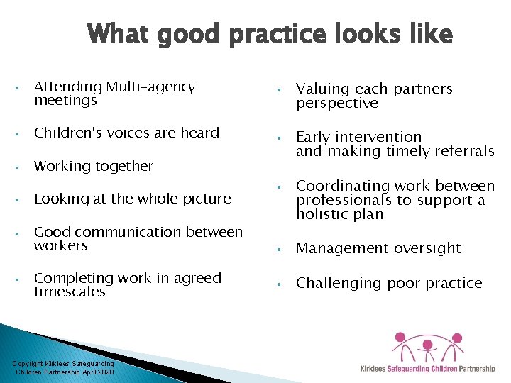 What good practice looks like Attending Multi–agency meetings • • Children's voices are heard