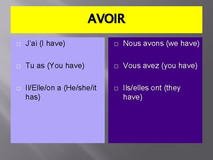 AVOIR � J’ai (I have) � Nous avons (we have) � Tu as (You