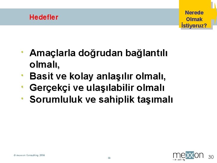 Nerede Olmak İstiyoruz? Hedefler Amaçlarla doğrudan bağlantılı olmalı, Basit ve kolay anlaşılır olmalı, Gerçekçi